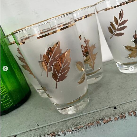 Vintage Drinking Glass Highball Frosted Gold MCM Barware Leaf Libbey Set 4 - Picture 7 of 10